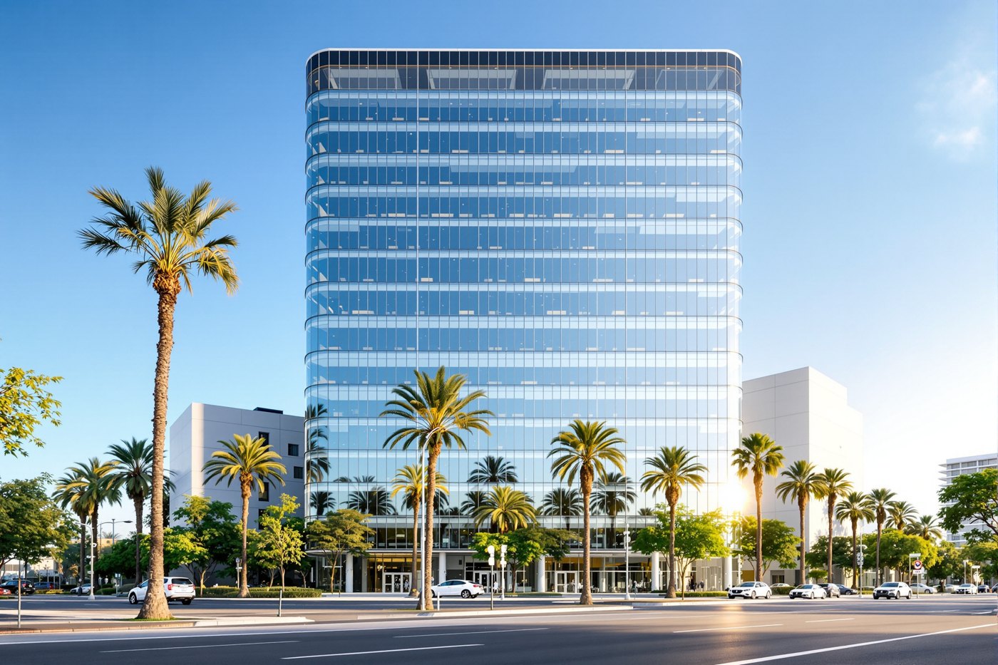 Modern glass commercial office mid-rise with palm trees in Southern California