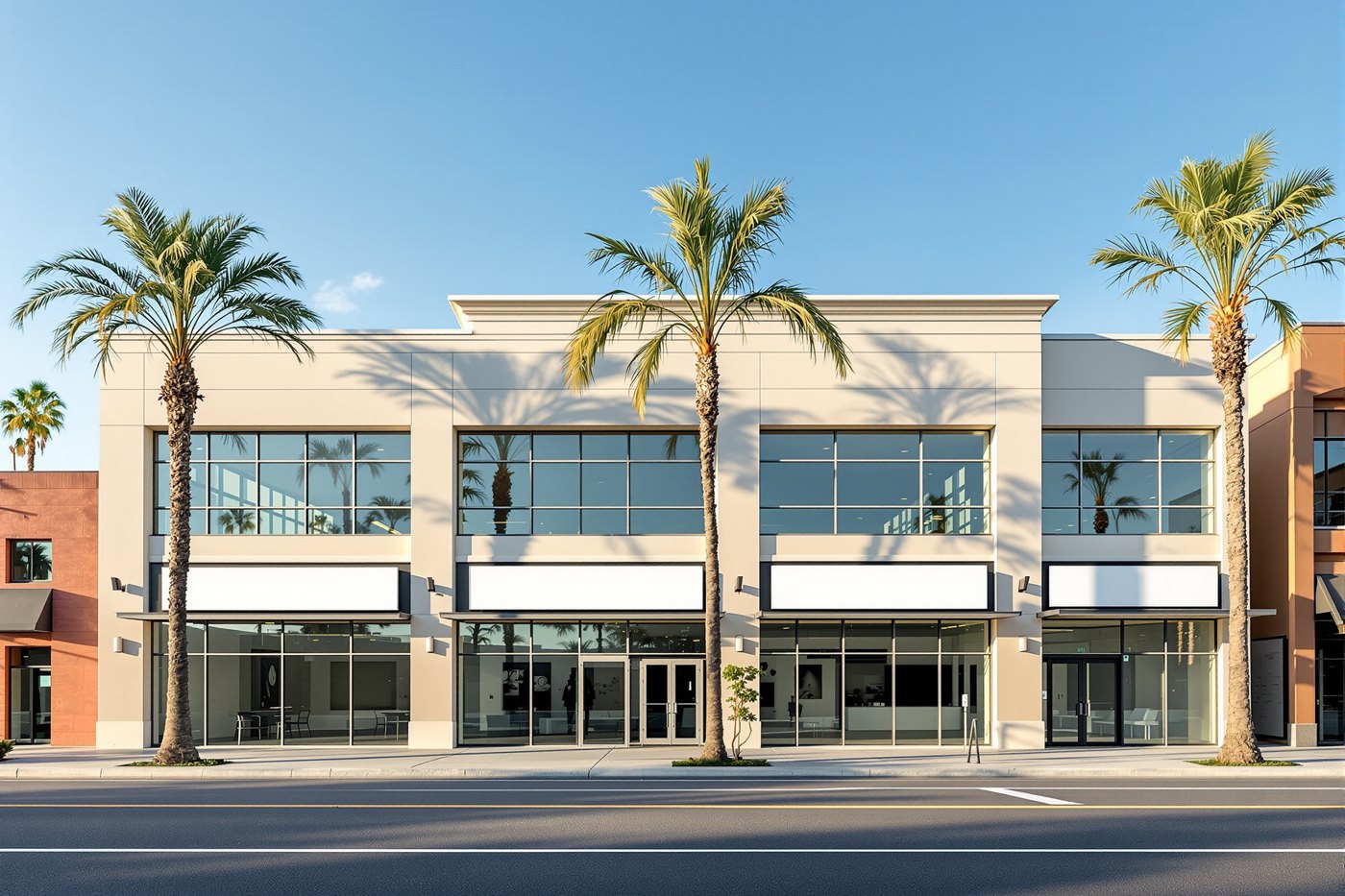 Modern retail and mixed-use commercial building with palm trees in Southern California