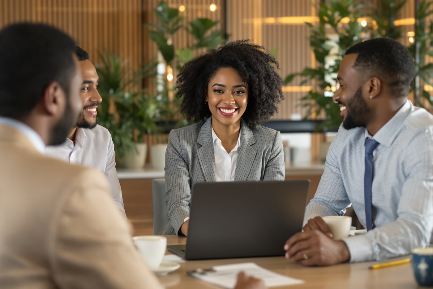 A loan officer reviewing refinance documents with two business owners at a table