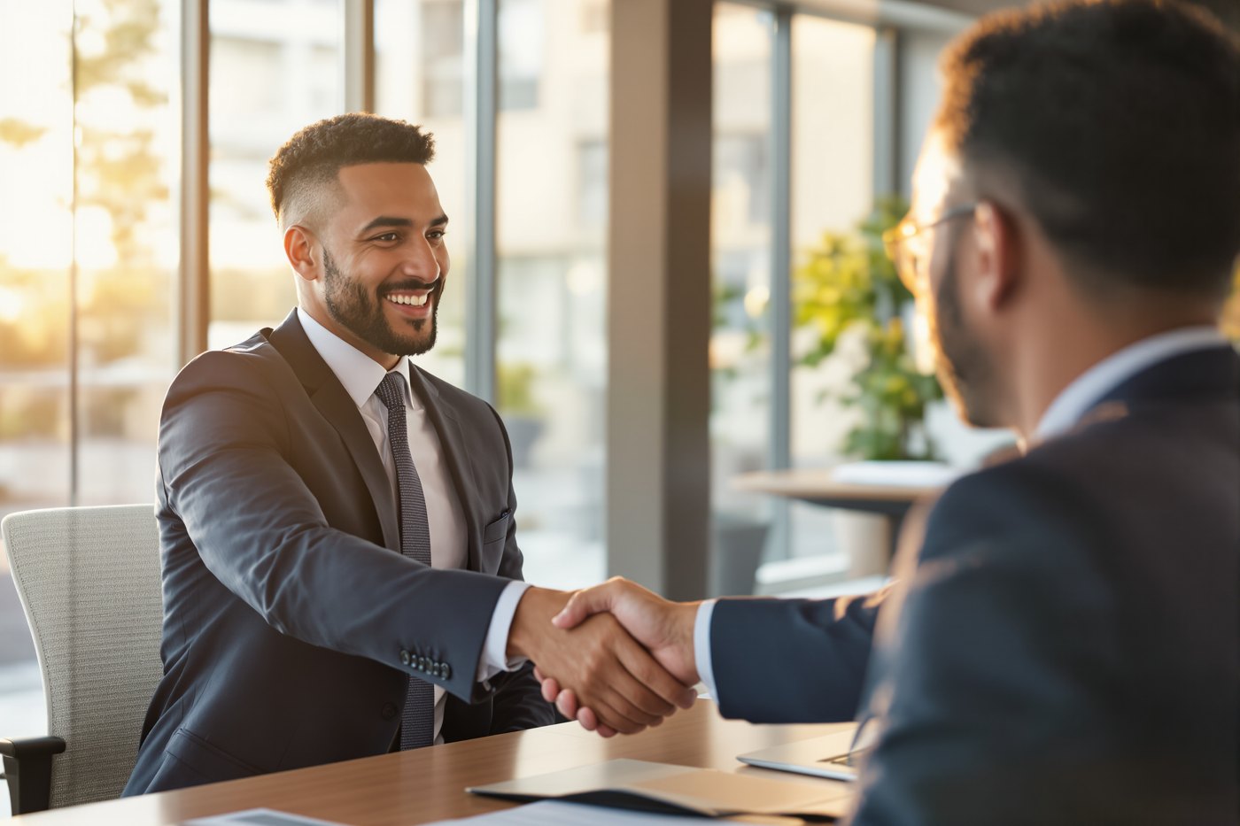 A loan officer and a commercial property investor shaking hands across a desk after closing a refinance
