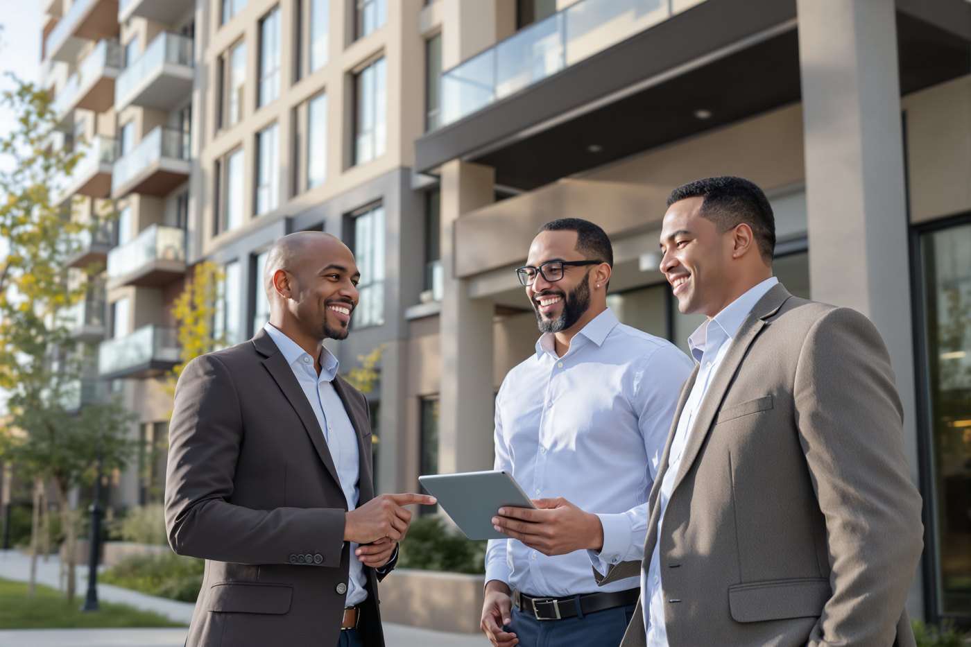 Two commercial real estate investors and their advisor discussing a multifamily building